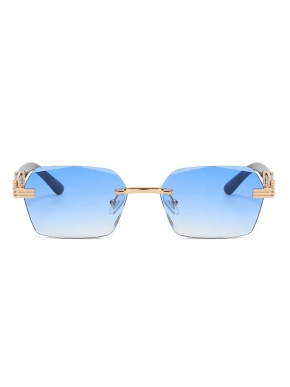 Retro Unisex Rimless Blue Gradient Sunglasses W/ Gold-Tone & Wooden Arms